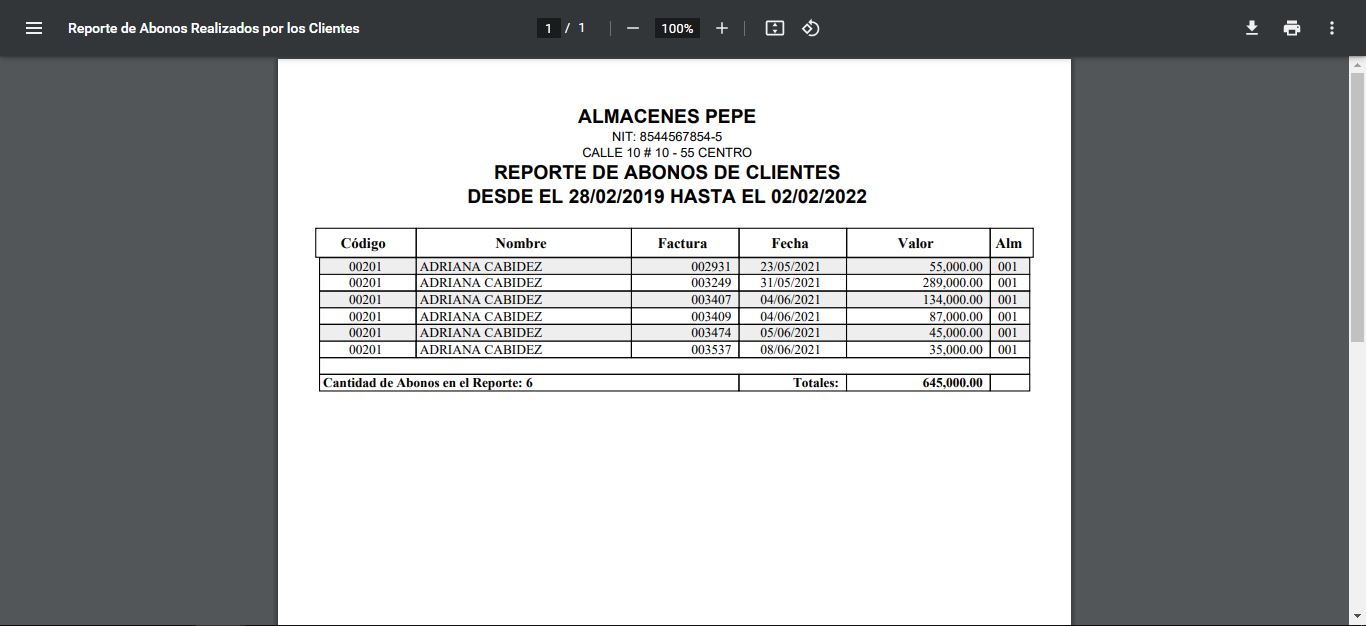Listado de los pagos