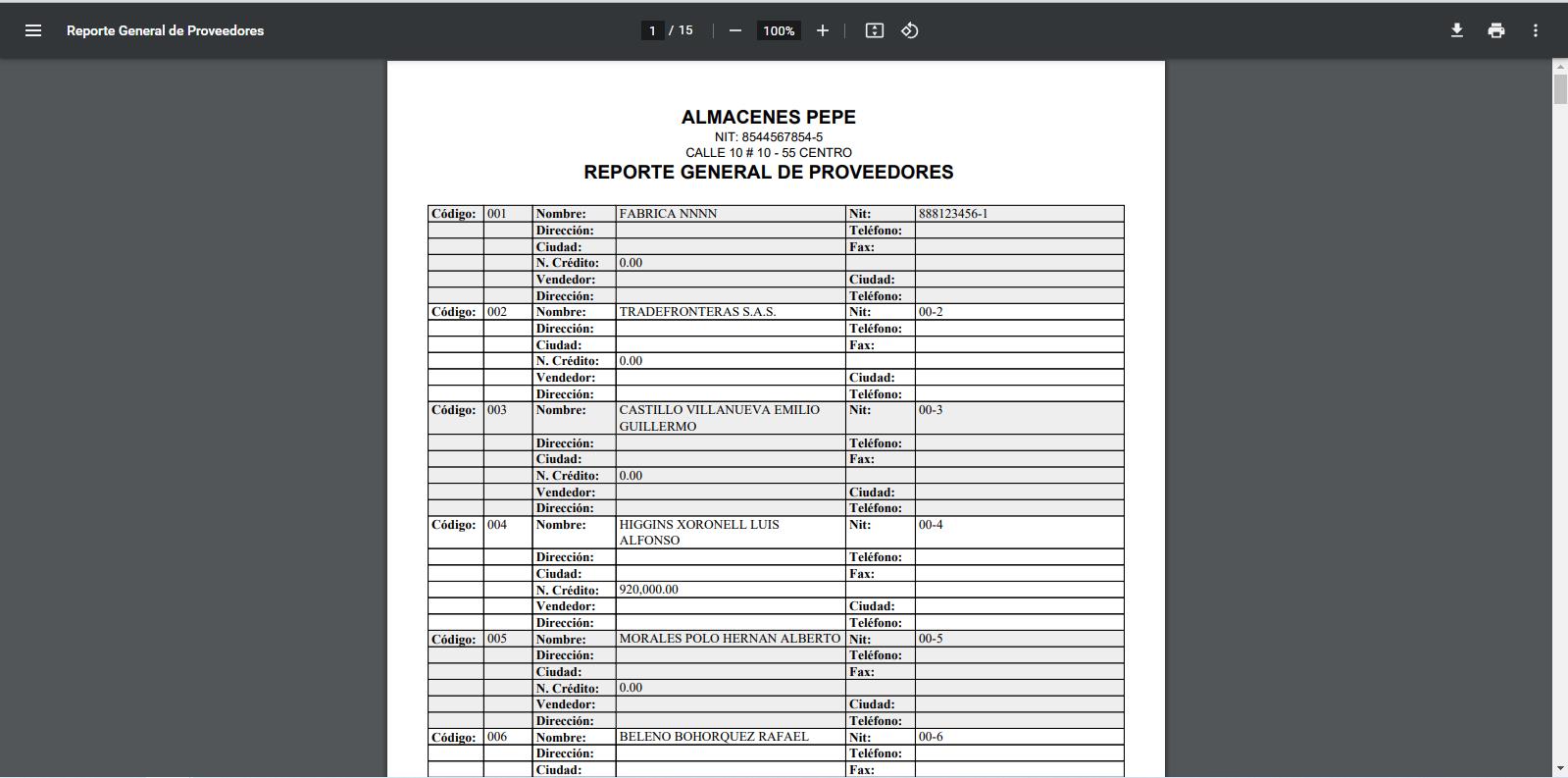 Listado de los proveedores