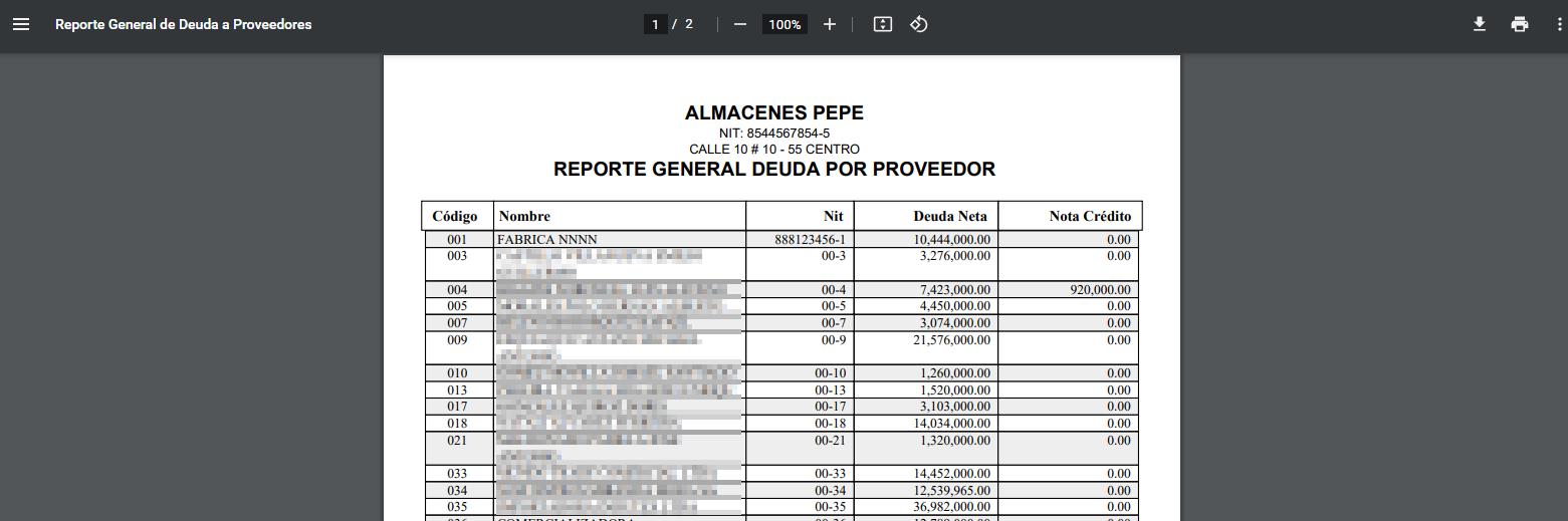 Listado de deuda por proveedor