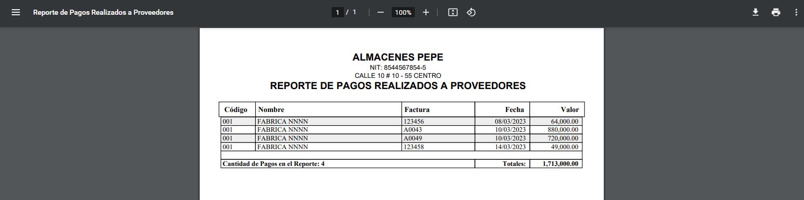 Listado de los pagos a proveedores