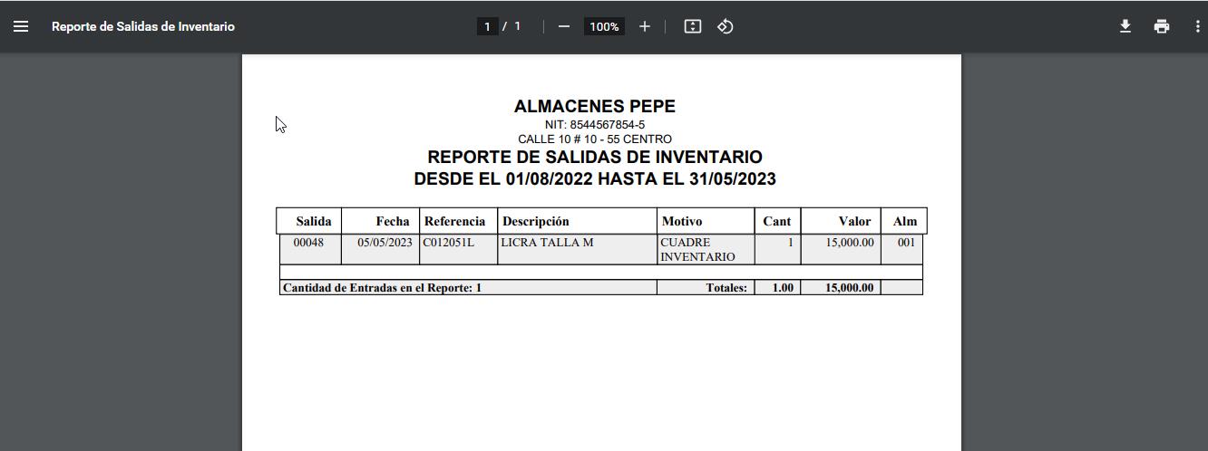 Listado de salidas por referencia